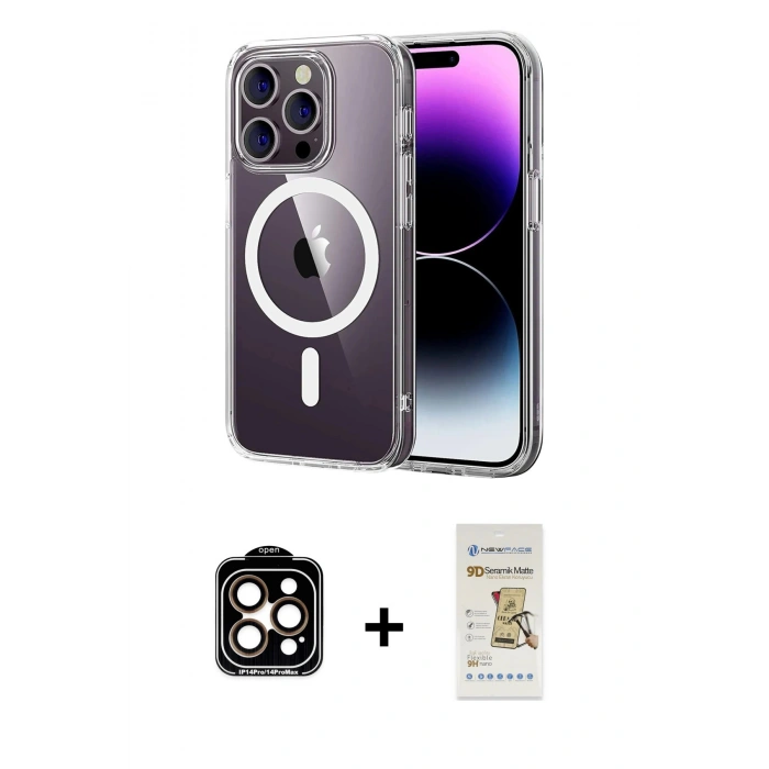 MARSİLYAN™- iPhone 14 Pro Max Kılıf Ahenk Minimal Serisi - Siyah Mat Seramik Nano Ekran Koruyucu + PVD Metal Kamera Lens - TU