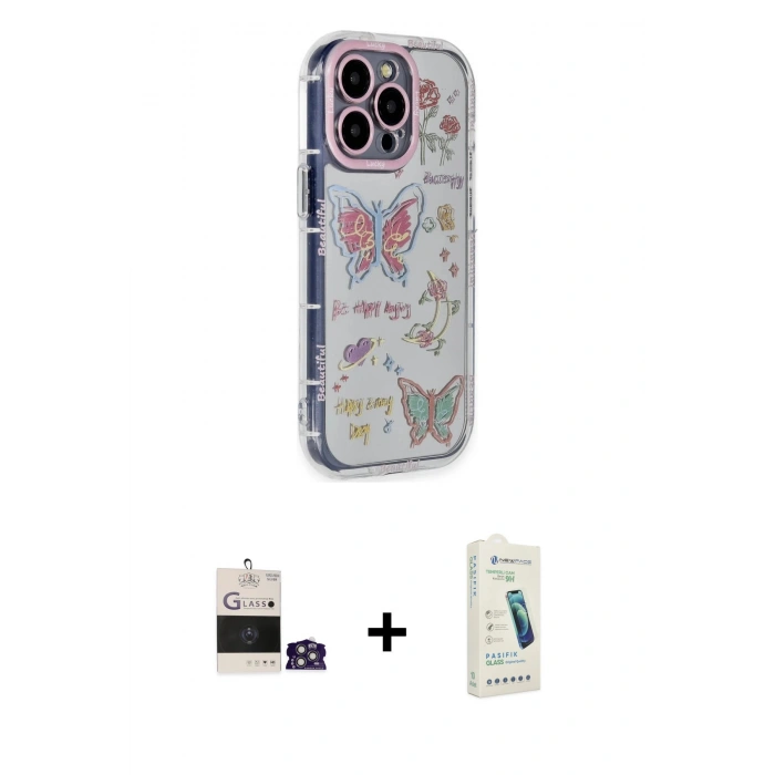 MARSİLYAN™- iPhone 14 Pro Max Kılıf Ahenk Modern Serisi - Şeffaf Pasifik Cam Ekran Koruyucu + Bilvis Titan Kamera Lens - GS