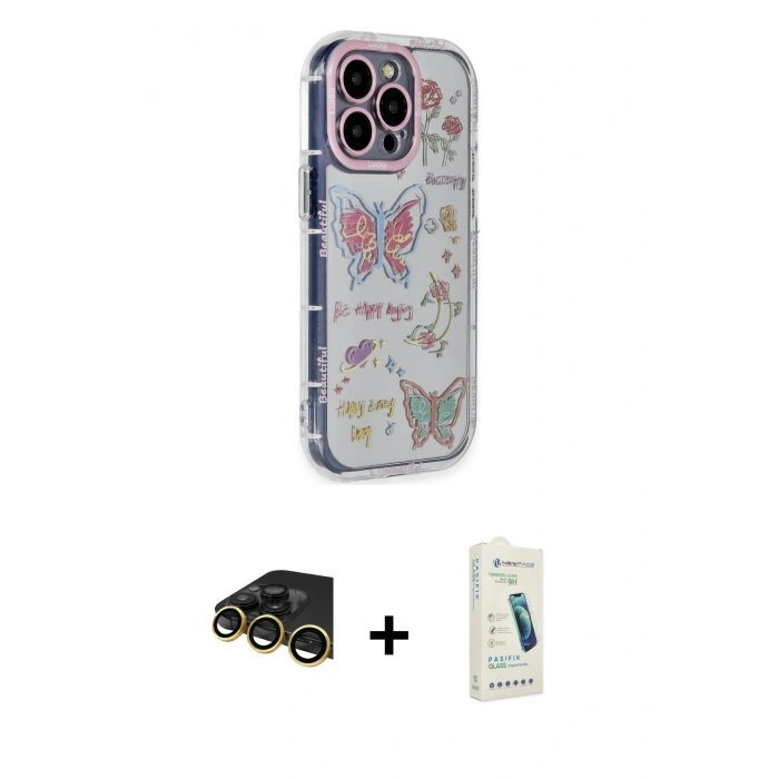 MARSİLYAN™- iPhone 14 Pro Max Kılıf Ahenk Modern Serisi - Şeffaf Pasifik Cam Ekran Koruyucu + Raze Metal Kamera Lens - GD