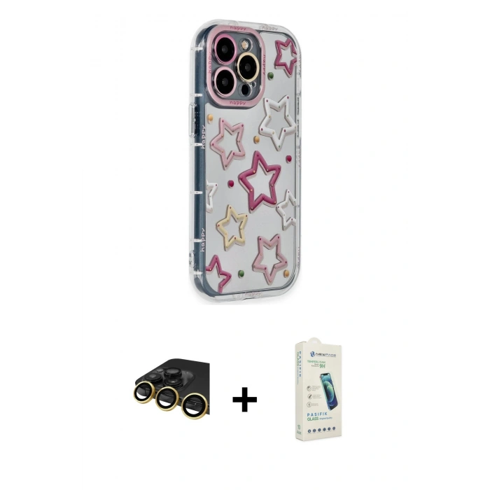 MARSİLYAN™- iPhone 14 Pro Max Kılıf Ahenk Modern Serisi - Şeffaf Pasifik Cam Ekran Koruyucu + Raze Metal Kamera Lens - GD
