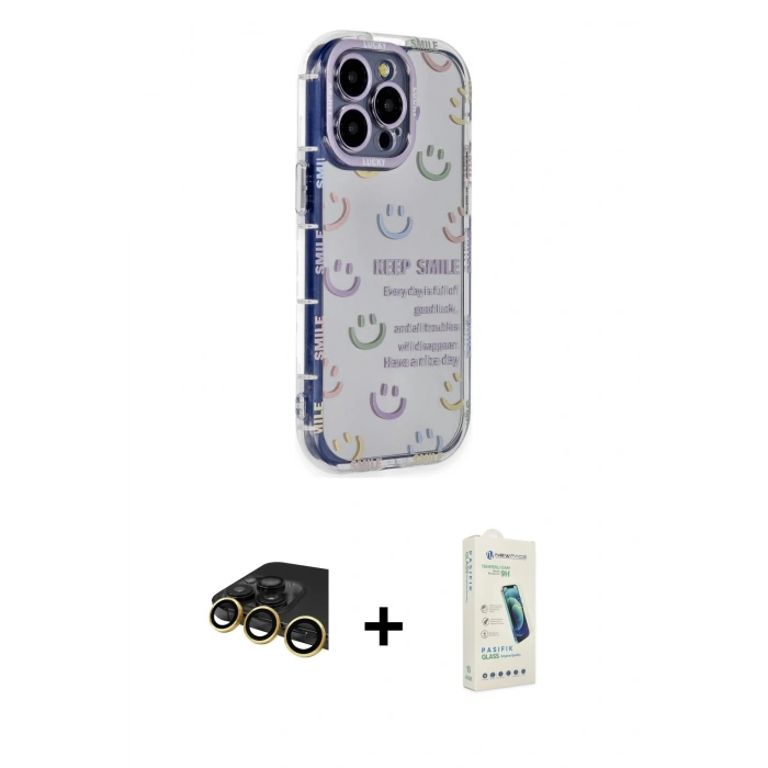 MARSİLYAN™- iPhone 14 Pro Max Kılıf Ahenk Modern Serisi - Şeffaf Pasifik Cam Ekran Koruyucu + Raze Metal Kamera Lens - GD