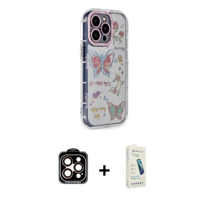 MARSİLYAN™- iPhone 14 Pro Max Kılıf Ahenk Modern Serisi - Şeffaf Pasifik Cam Ekran Koruyucu + PVD Metal Kamera Lens - TU