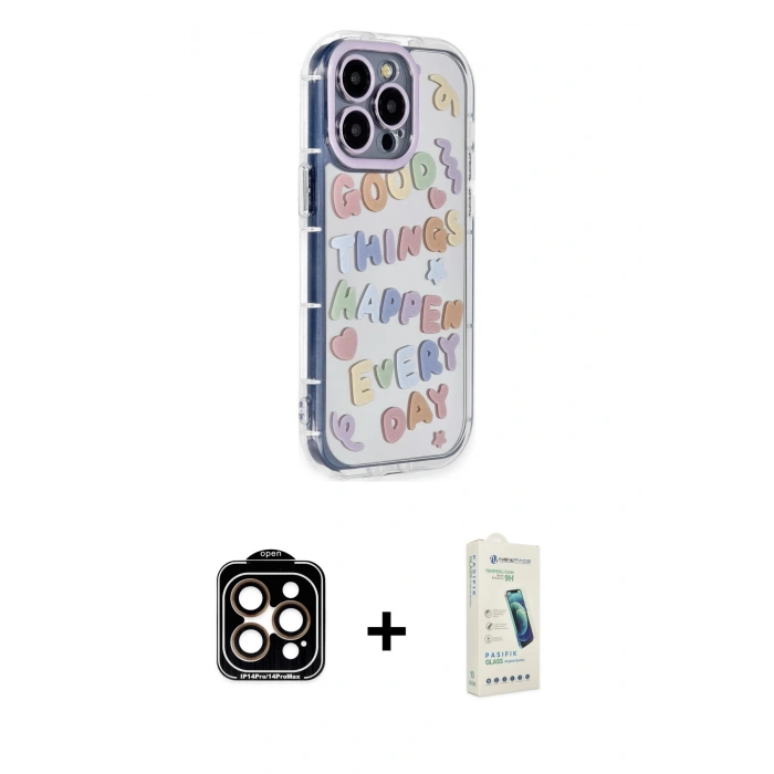 MARSİLYAN™- iPhone 14 Pro Max Kılıf Ahenk Modern Serisi - Şeffaf Pasifik Cam Ekran Koruyucu + PVD Metal Kamera Lens - TU