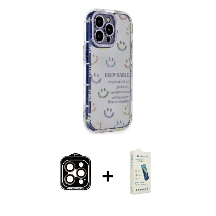MARSİLYAN™- iPhone 14 Pro Max Kılıf Ahenk Modern Serisi - Şeffaf Pasifik Cam Ekran Koruyucu + PVD Metal Kamera Lens - TU
