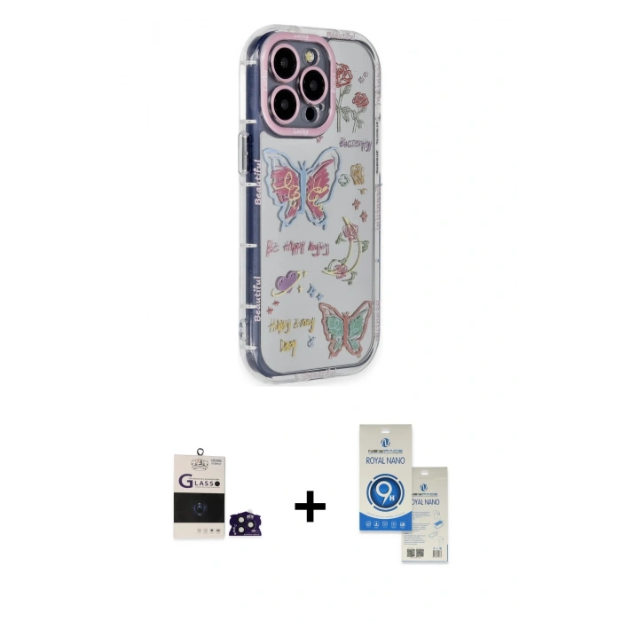MARSİLYAN™- iPhone 14 Pro Max Kılıf Ahenk Modern Serisi - Şeffaf Royal Nano Ekran Koruyucu + Bilvis Titan Kamera Lens - DNMR
