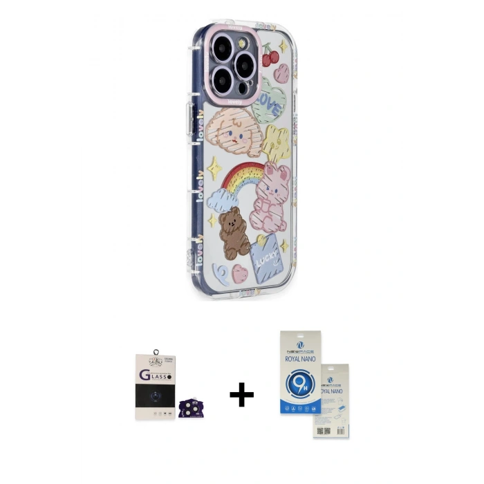 MARSİLYAN™- iPhone 14 Pro Max Kılıf Ahenk Modern Serisi - Şeffaf Royal Nano Ekran Koruyucu + Bilvis Titan Kamera Lens - DNMR