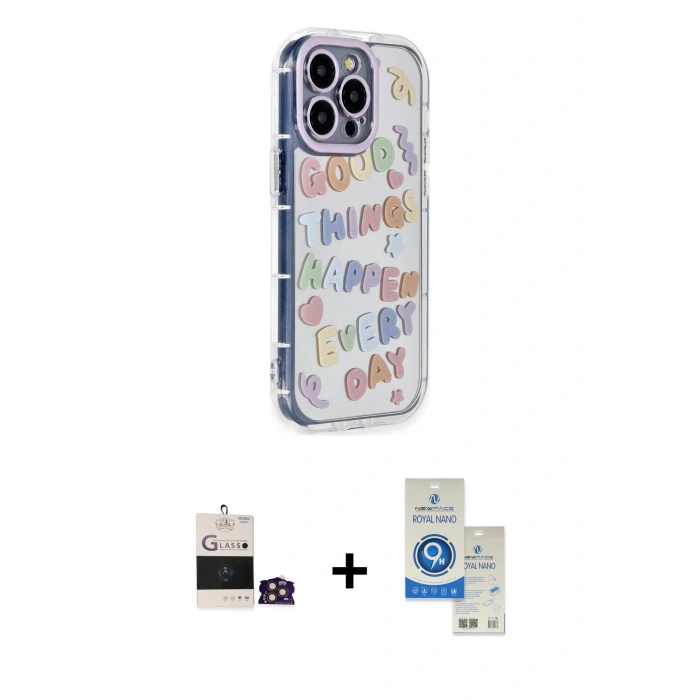 MARSİLYAN™- iPhone 14 Pro Max Kılıf Ahenk Modern Serisi - Şeffaf Royal Nano Ekran Koruyucu + Bilvis Titan Kamera Lens - GD
