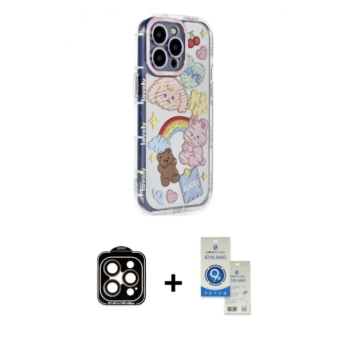 MARSİLYAN™- iPhone 14 Pro Max Kılıf Ahenk Modern Serisi - Şeffaf Royal Nano Ekran Koruyucu + PVD Metal Kamera Lens - TU
