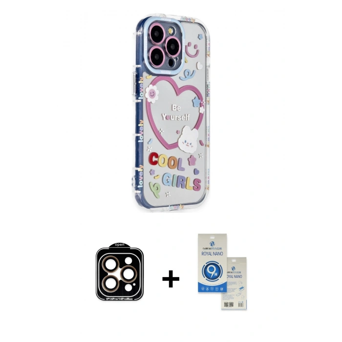 MARSİLYAN™- iPhone 14 Pro Max Kılıf Ahenk Modern Serisi - Şeffaf Royal Nano Ekran Koruyucu + PVD Metal Kamera Lens - TU