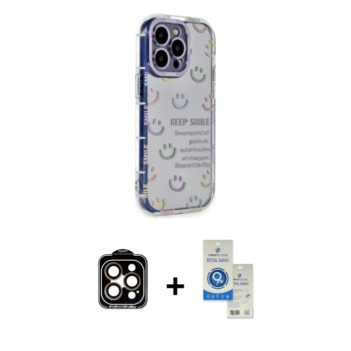 MARSİLYAN™- iPhone 14 Pro Max Kılıf Ahenk Modern Serisi - Şeffaf Royal Nano Ekran Koruyucu + PVD Metal Kamera Lens - TU
