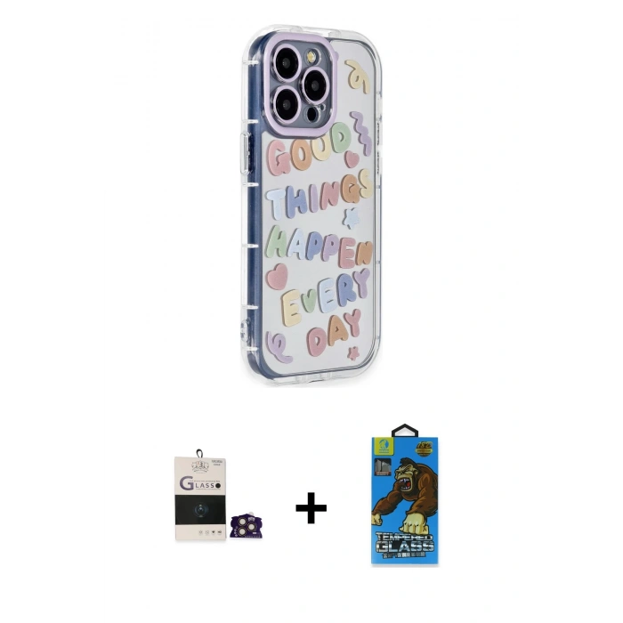 MARSİLYAN™- iPhone 14 Pro Max Kılıf Ahenk Modern Serisi - Siyah 18D Cam Ekran Koruyucu + Bilvis Titan Kamera Lens - GD