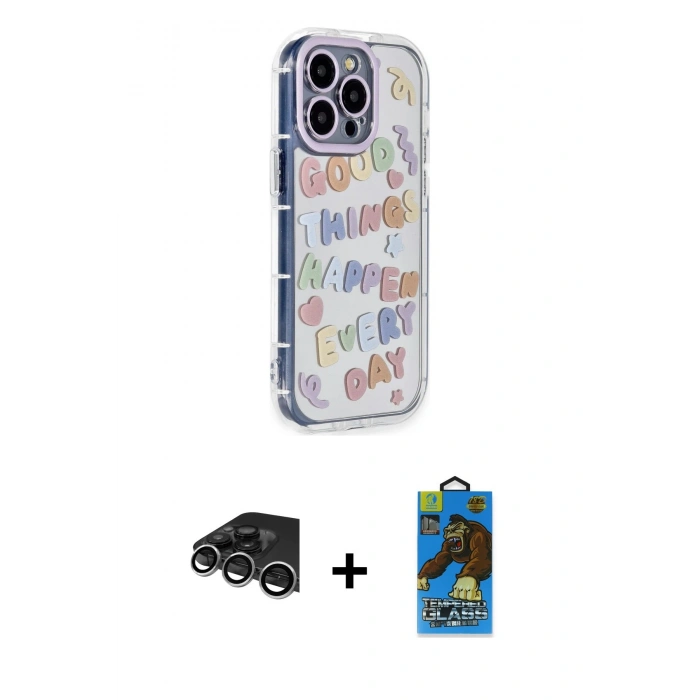MARSİLYAN™- iPhone 14 Pro Max Kılıf Ahenk Modern Serisi - Siyah 18D Cam Ekran Koruyucu + Raze Metal Kamera Lens - GS