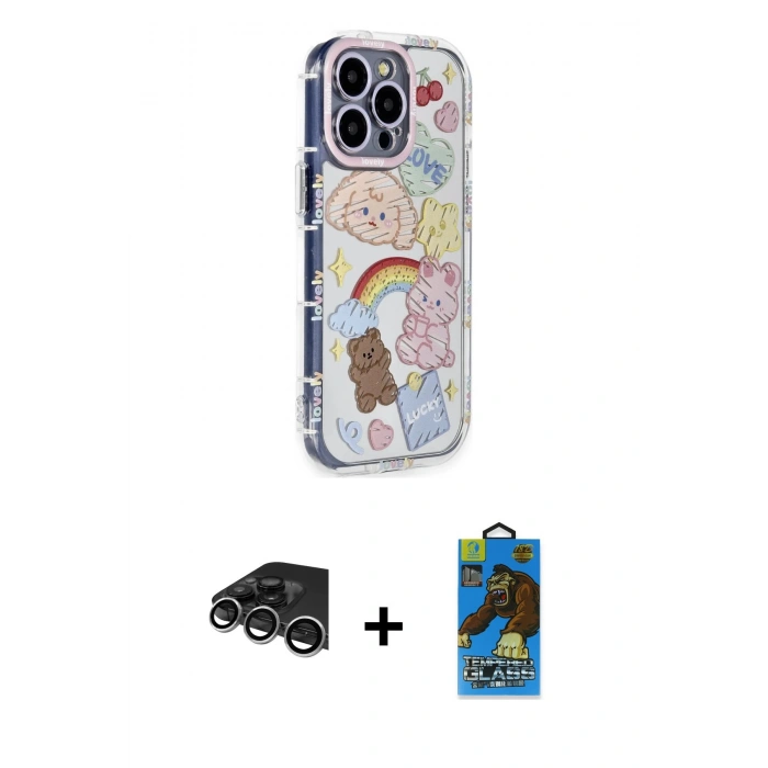 MARSİLYAN™- iPhone 14 Pro Max Kılıf Ahenk Modern Serisi - Siyah 18D Cam Ekran Koruyucu + Raze Metal Kamera Lens - GS