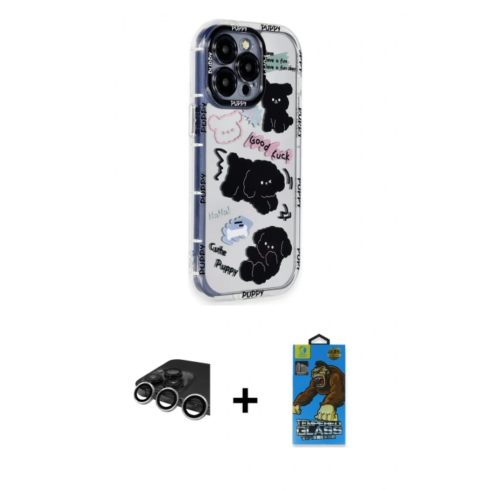 MARSİLYAN™- iPhone 14 Pro Max Kılıf Ahenk Modern Serisi - Siyah 18D Cam Ekran Koruyucu + Raze Metal Kamera Lens - GS