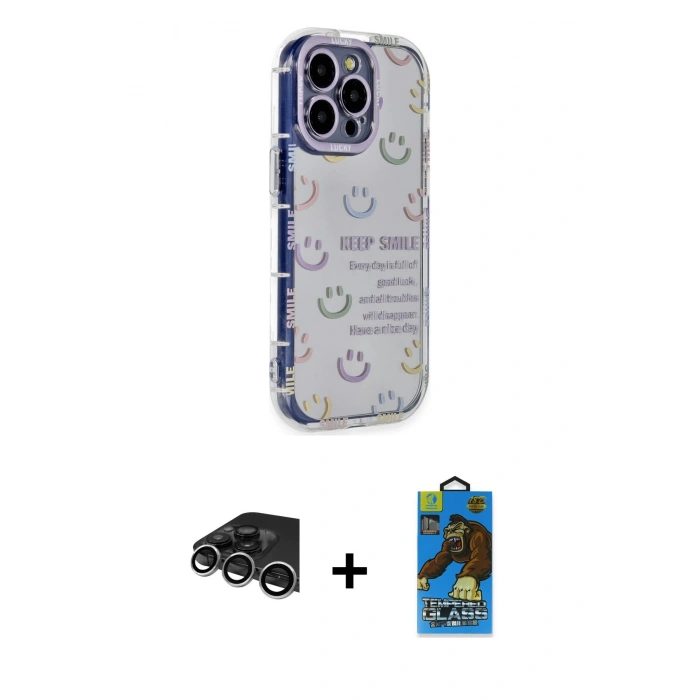 MARSİLYAN™- iPhone 14 Pro Max Kılıf Ahenk Modern Serisi - Siyah 18D Cam Ekran Koruyucu + Raze Metal Kamera Lens - GS