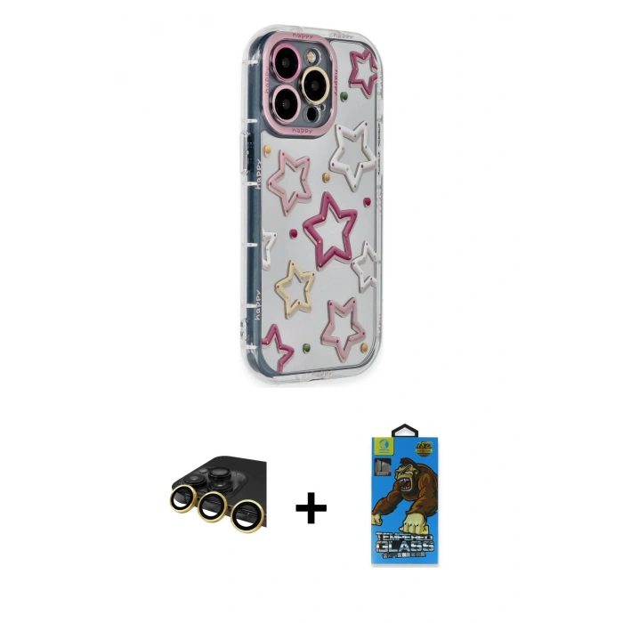 MARSİLYAN™- iPhone 14 Pro Max Kılıf Ahenk Modern Serisi - Siyah 18D Cam Ekran Koruyucu + Raze Metal Kamera Lens - GD