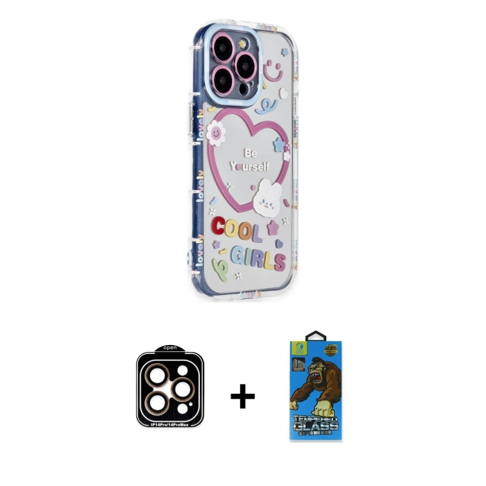 MARSİLYAN™- iPhone 14 Pro Max Kılıf Ahenk Modern Serisi - Siyah 18D Cam Ekran Koruyucu + PVD Metal Kamera Lens - TU