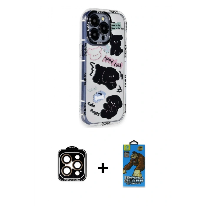 MARSİLYAN™- iPhone 14 Pro Max Kılıf Ahenk Modern Serisi - Siyah 18D Cam Ekran Koruyucu + PVD Metal Kamera Lens - TU