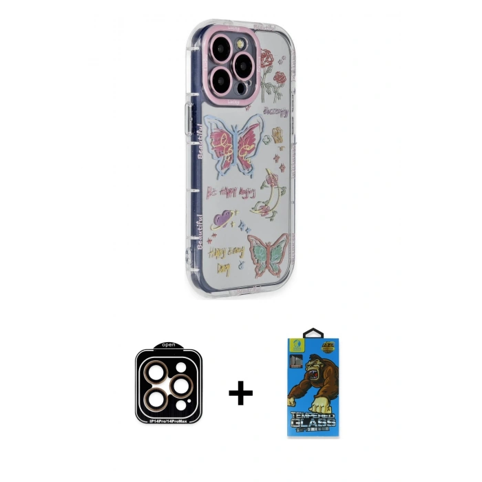 MARSİLYAN™- iPhone 14 Pro Max Kılıf Ahenk Modern Serisi - Siyah 18D Cam Ekran Koruyucu + PVD Metal Kamera Lens - TU