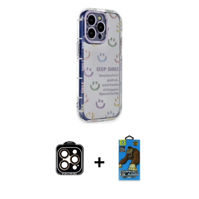 MARSİLYAN™- iPhone 14 Pro Max Kılıf Ahenk Modern Serisi - Siyah 18D Cam Ekran Koruyucu + PVD Metal Kamera Lens - TU
