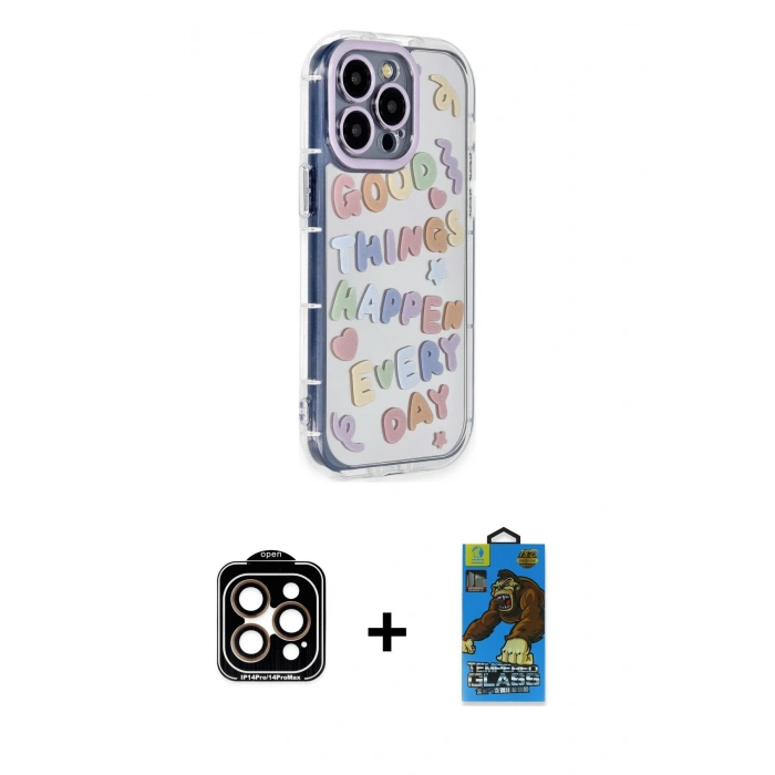 MARSİLYAN™- iPhone 14 Pro Max Kılıf Ahenk Modern Serisi - Siyah 18D Cam Ekran Koruyucu + PVD Metal Kamera Lens - TU