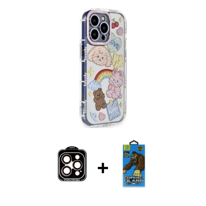 MARSİLYAN™- iPhone 14 Pro Max Kılıf Ahenk Modern Serisi - Siyah 18D Cam Ekran Koruyucu + PVD Metal Kamera Lens - TU