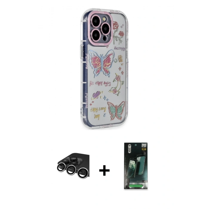 MARSİLYAN™- iPhone 14 Pro Max Kılıf Ahenk Modern Serisi - Siyah 360 Mat Full Body Arka Koruyucu + Raze Metal Kamera Lens - GS