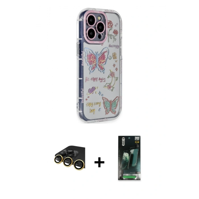 MARSİLYAN™- iPhone 14 Pro Max Kılıf Ahenk Modern Serisi - Siyah 360 Mat Full Body Arka Koruyucu + Raze Metal Kamera Lens - GD