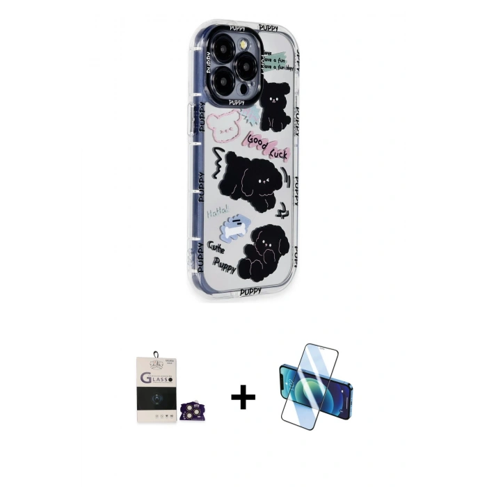 MARSİLYAN™- iPhone 14 Pro Max Kılıf Ahenk Modern Serisi - Siyah 3D Antistatik Cam Ekran Koruyucu + Bilvis Titan Kamera Lens - GD