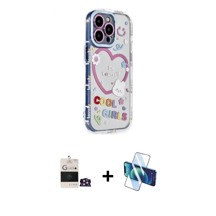 MARSİLYAN™- iPhone 14 Pro Max Kılıf Ahenk Modern Serisi - Siyah 3D Antistatik Cam Ekran Koruyucu + Bilvis Titan Kamera Lens - GD