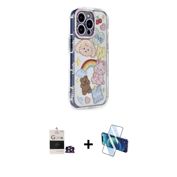MARSİLYAN™- iPhone 14 Pro Max Kılıf Ahenk Modern Serisi - Siyah 3D Antistatik Cam Ekran Koruyucu + Bilvis Titan Kamera Lens - GD