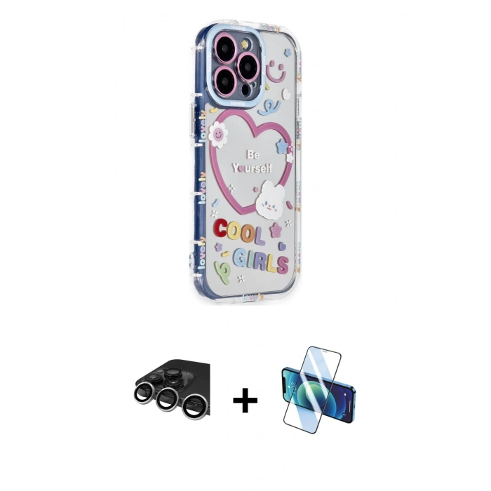 MARSİLYAN™- iPhone 14 Pro Max Kılıf Ahenk Modern Serisi - Siyah 3D Antistatik Cam Ekran Koruyucu + Raze Metal Kamera Lens - GS