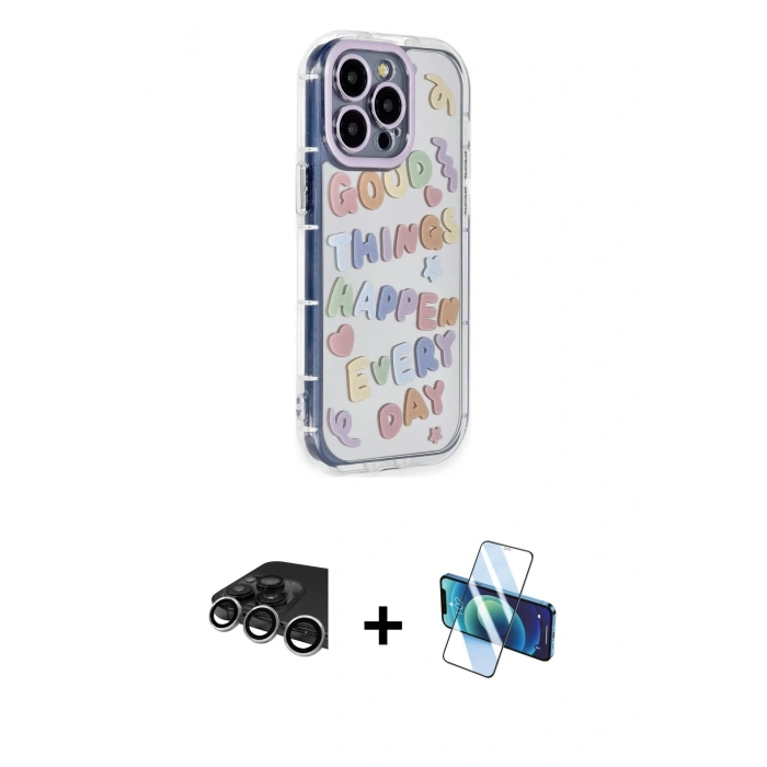 MARSİLYAN™- iPhone 14 Pro Max Kılıf Ahenk Modern Serisi - Siyah 3D Antistatik Cam Ekran Koruyucu + Raze Metal Kamera Lens - GS