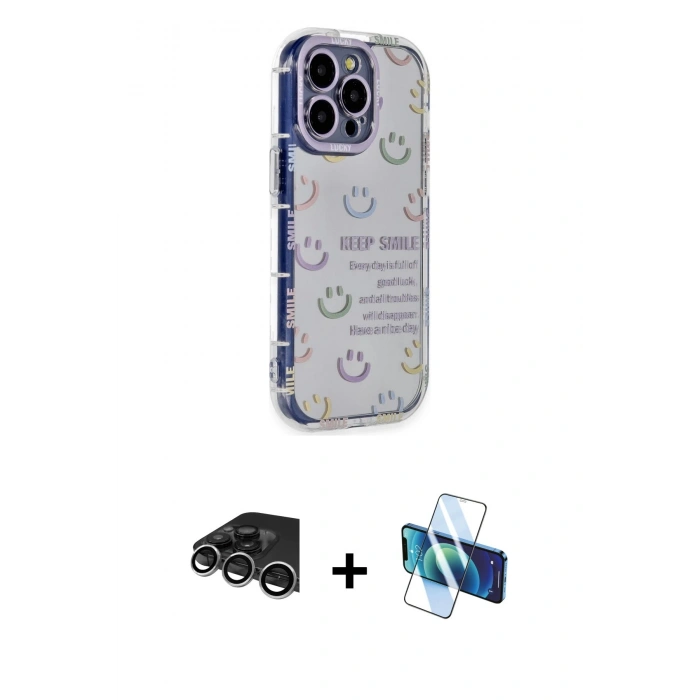 MARSİLYAN™- iPhone 14 Pro Max Kılıf Ahenk Modern Serisi - Siyah 3D Antistatik Cam Ekran Koruyucu + Raze Metal Kamera Lens - GS