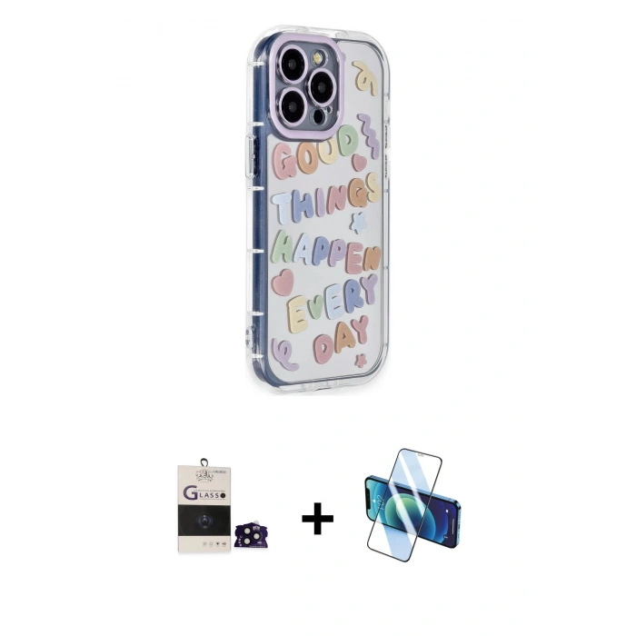 MARSİLYAN™- iPhone 14 Pro Max Kılıf Ahenk Modern Serisi - Siyah 3D Antistatik Cam Ekran Koruyucu + Siyah Bilvis Titan Kamera Lens