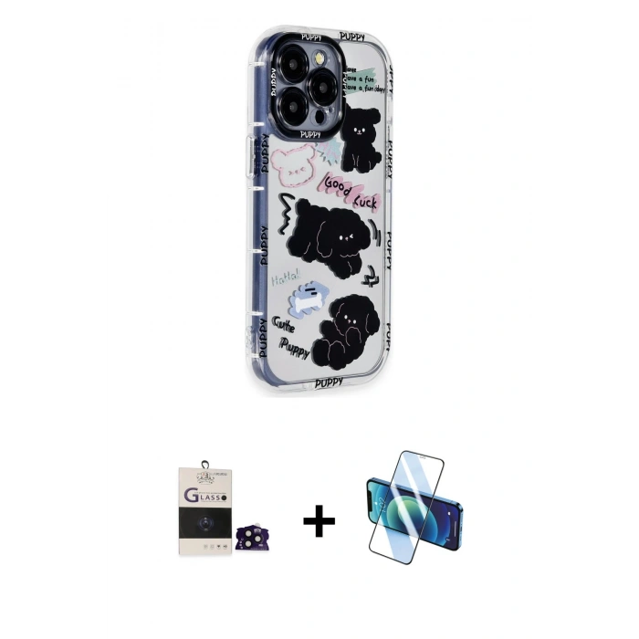 MARSİLYAN™- iPhone 14 Pro Max Kılıf Ahenk Modern Serisi - Siyah 3D Antistatik Cam Ekran Koruyucu + Siyah Bilvis Titan Kamera Lens