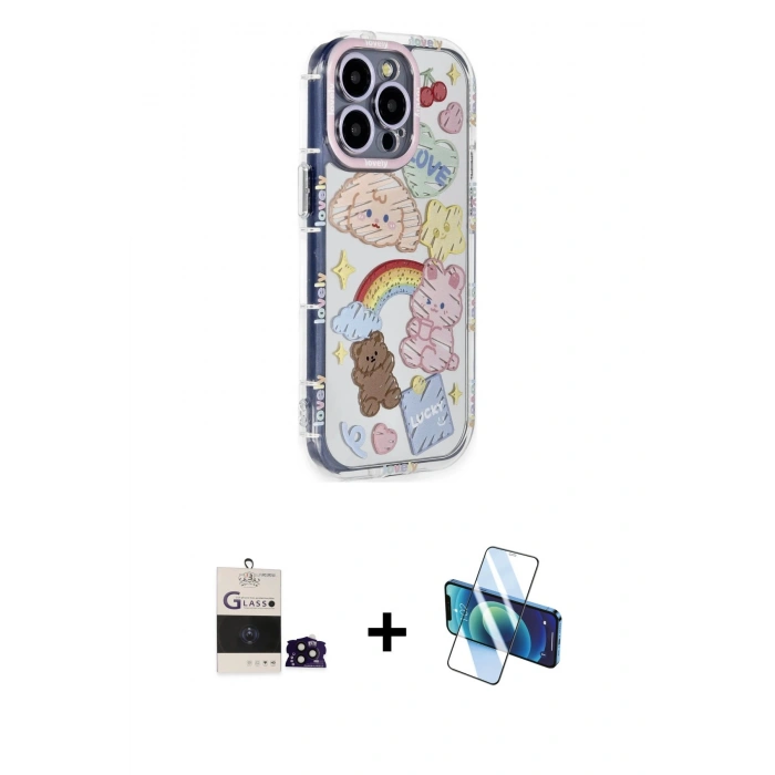 MARSİLYAN™- iPhone 14 Pro Max Kılıf Ahenk Modern Serisi - Siyah 3D Antistatik Cam Ekran Koruyucu + Siyah Bilvis Titan Kamera Lens