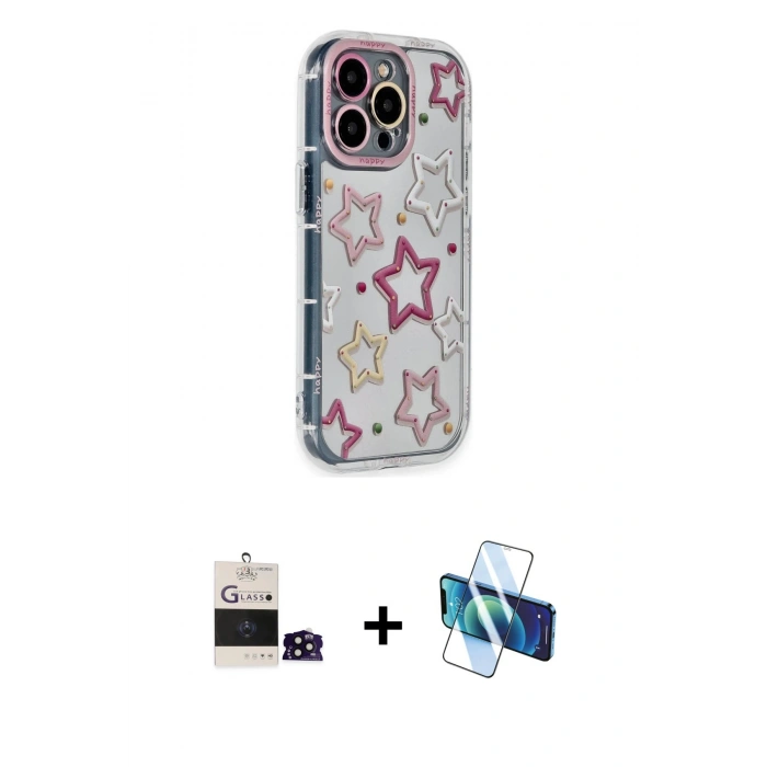 MARSİLYAN™- iPhone 14 Pro Max Kılıf Ahenk Modern Serisi - Siyah 3D Antistatik Cam Ekran Koruyucu + Siyah Bilvis Titan Kamera Lens