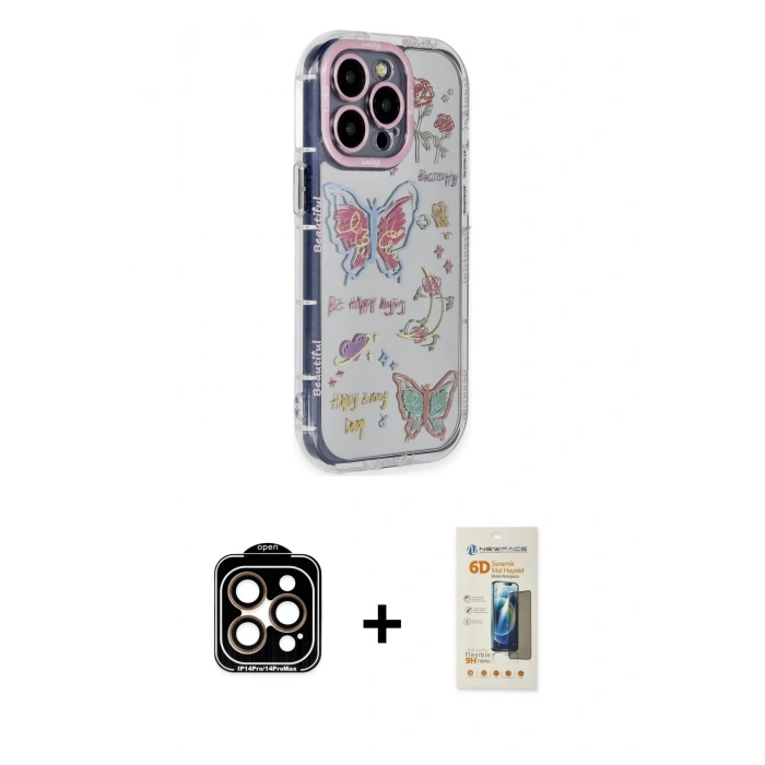 MARSİLYAN™- iPhone 14 Pro Max Kılıf Ahenk Modern Serisi - Siyah 6D Mat Seramik Hayalet Nano Ekran Koruyucu + PVD Metal Kamera Lens - TU