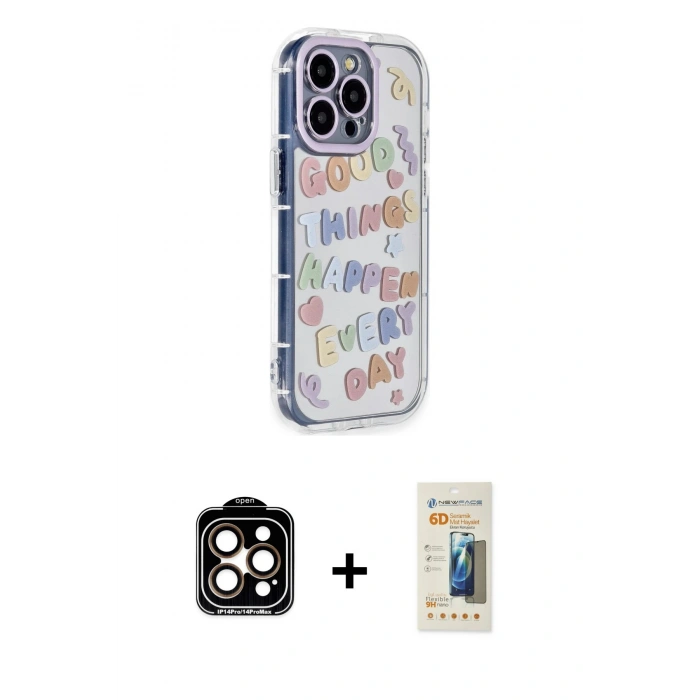 MARSİLYAN™- iPhone 14 Pro Max Kılıf Ahenk Modern Serisi - Siyah 6D Mat Seramik Hayalet Nano Ekran Koruyucu + PVD Metal Kamera Lens - TU