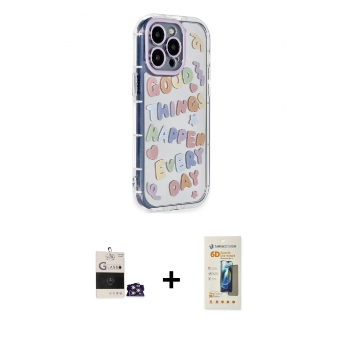 MARSİLYAN™- iPhone 14 Pro Max Kılıf Ahenk Modern Serisi - Siyah 6D Mat Seramik Hayalet Nano Ekran Koruyucu + Bilvis Titan Kamera Lens - GS