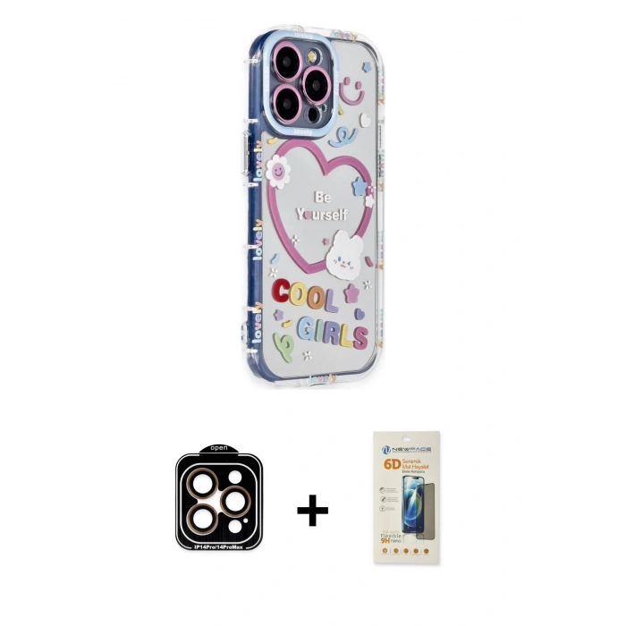MARSİLYAN™- iPhone 14 Pro Max Kılıf Ahenk Modern Serisi - Siyah 6D Mat Seramik Hayalet Nano Ekran Koruyucu + PVD Metal Kamera Lens - TU