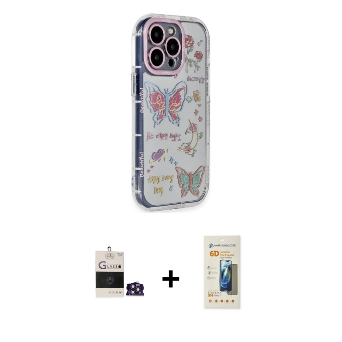 MARSİLYAN™- iPhone 14 Pro Max Kılıf Ahenk Modern Serisi - Siyah 6D Mat Seramik Hayalet Nano Ekran Koruyucu + Bilvis Titan Kamera Lens - GS