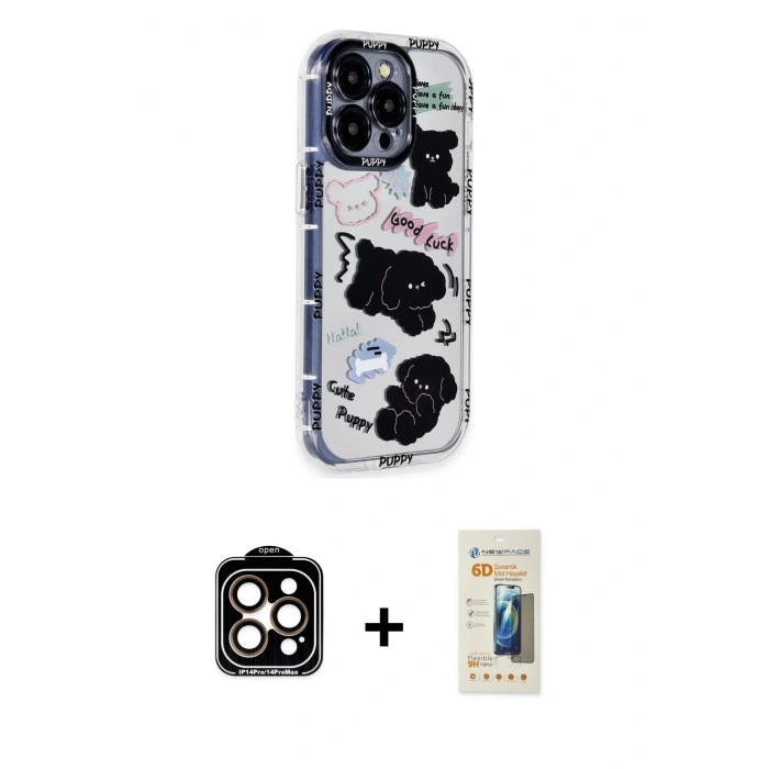 MARSİLYAN™- iPhone 14 Pro Max Kılıf Ahenk Modern Serisi - Siyah 6D Mat Seramik Hayalet Nano Ekran Koruyucu + PVD Metal Kamera Lens - TU