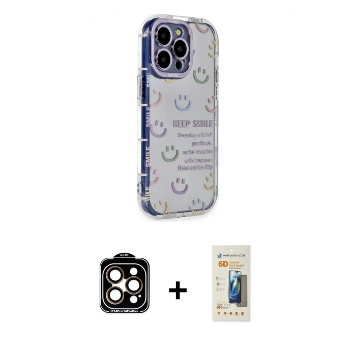 MARSİLYAN™- iPhone 14 Pro Max Kılıf Ahenk Modern Serisi - Siyah 6D Mat Seramik Hayalet Nano Ekran Koruyucu + PVD Metal Kamera Lens - TU