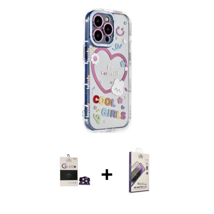 MARSİLYAN™- iPhone 14 Pro Max Kılıf Ahenk Modern Serisi - Siyah Bilvis 3D Mat Cam Ekran Koruyucu + Bilvis Titan Kamera Lens - GD