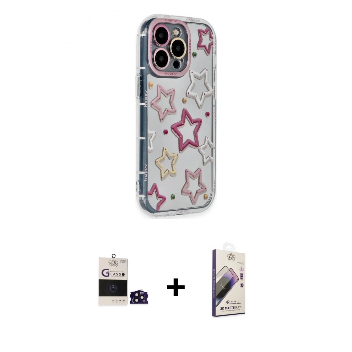 MARSİLYAN™- iPhone 14 Pro Max Kılıf Ahenk Modern Serisi - Siyah Bilvis 3D Mat Cam Ekran Koruyucu + Bilvis Titan Kamera Lens - DNMR