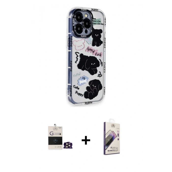 MARSİLYAN™- iPhone 14 Pro Max Kılıf Ahenk Modern Serisi - Siyah Bilvis 3D Mat Cam Ekran Koruyucu + Bilvis Titan Kamera Lens - GD