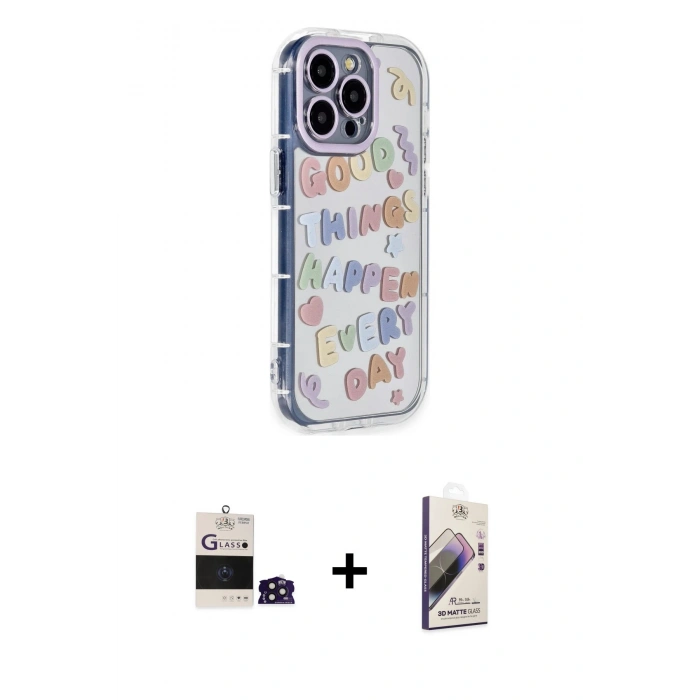 MARSİLYAN™- iPhone 14 Pro Max Kılıf Ahenk Modern Serisi - Siyah Bilvis 3D Mat Cam Ekran Koruyucu + Bilvis Titan Kamera Lens - DNMR