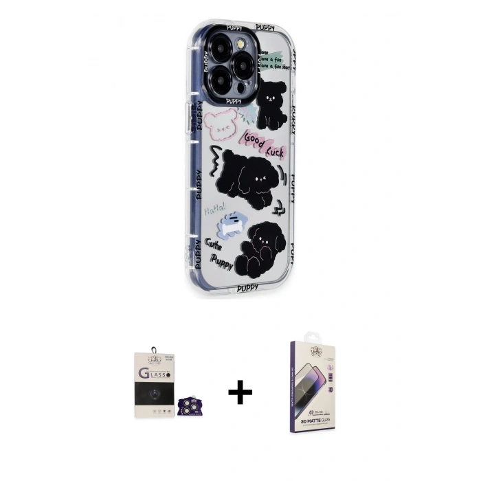 MARSİLYAN™- iPhone 14 Pro Max Kılıf Ahenk Modern Serisi - Siyah Bilvis 3D Mat Cam Ekran Koruyucu + Bilvis Titan Kamera Lens - GS